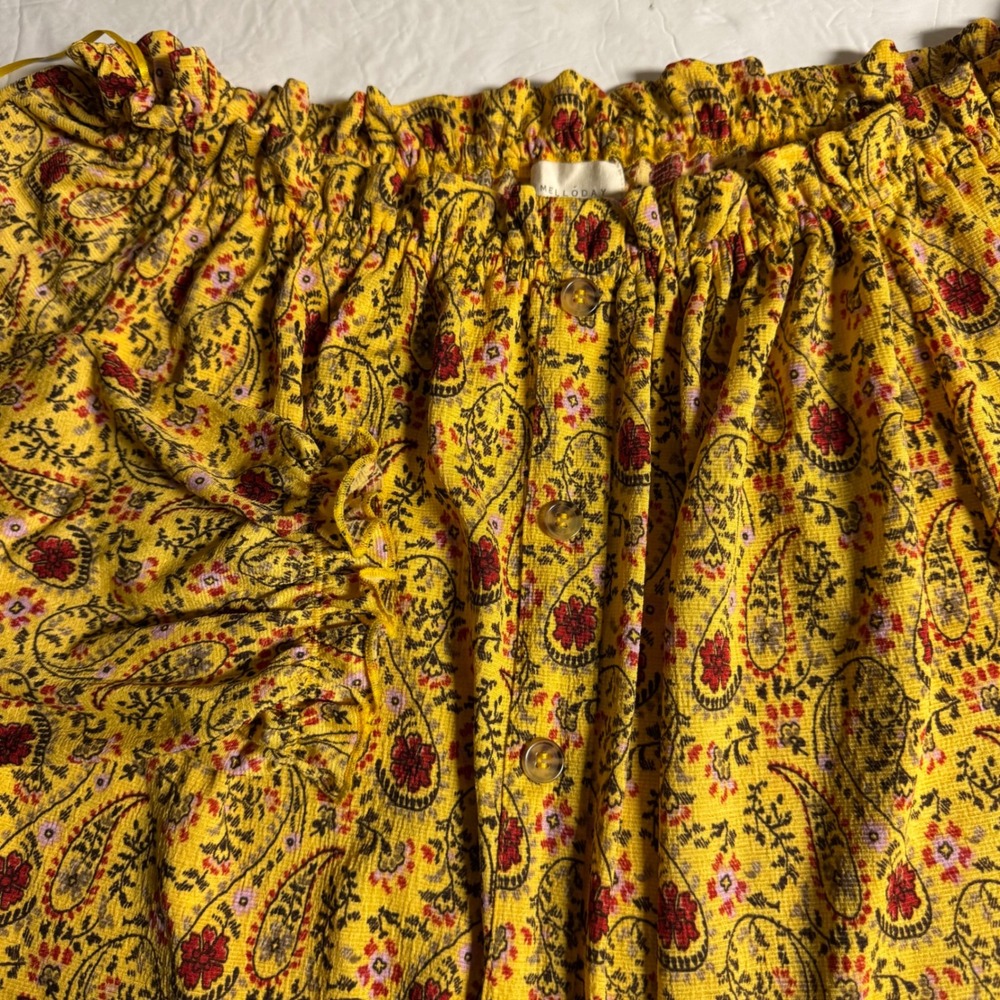 Melloday Yellow Paisley Off The Shoulder Blouse Smocked Ruffle Top Large